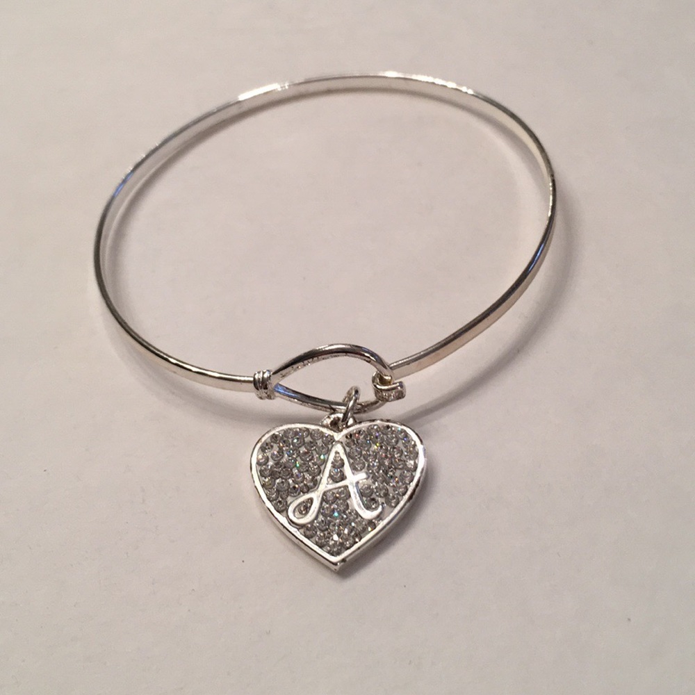 Silver Rhinestone Initial “A” Charm Bangle